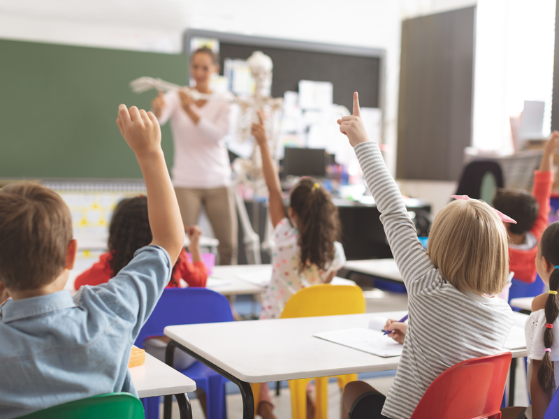Schüler, die die Hände heben, während der Lehrer ihnen im Klassenzimmer Fragen stellt