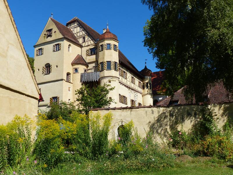 Außenansicht des Schlosses in Grüningen mit Gartenmauer und Begrünung