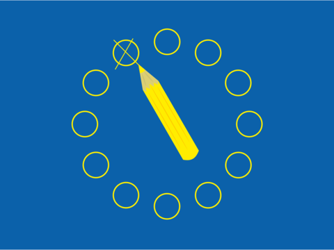 Gelber Stift auf blauer Flagge, in einem von mehreren Kreisen wurde ein Kreuz gesetzt
