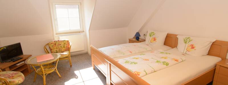 Doppelzimmer mit Stühle, Tisch und TV